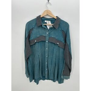 Sewn + Seen Whiskey Shacket Teal Blue‎ Cotton Gauze Mixed Media Waffle Knit Sz M